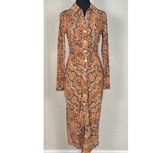 Michael Kors Paisley Regency Dress Sz-XS Orange Stretchy Midi Witchy Whimsygoth